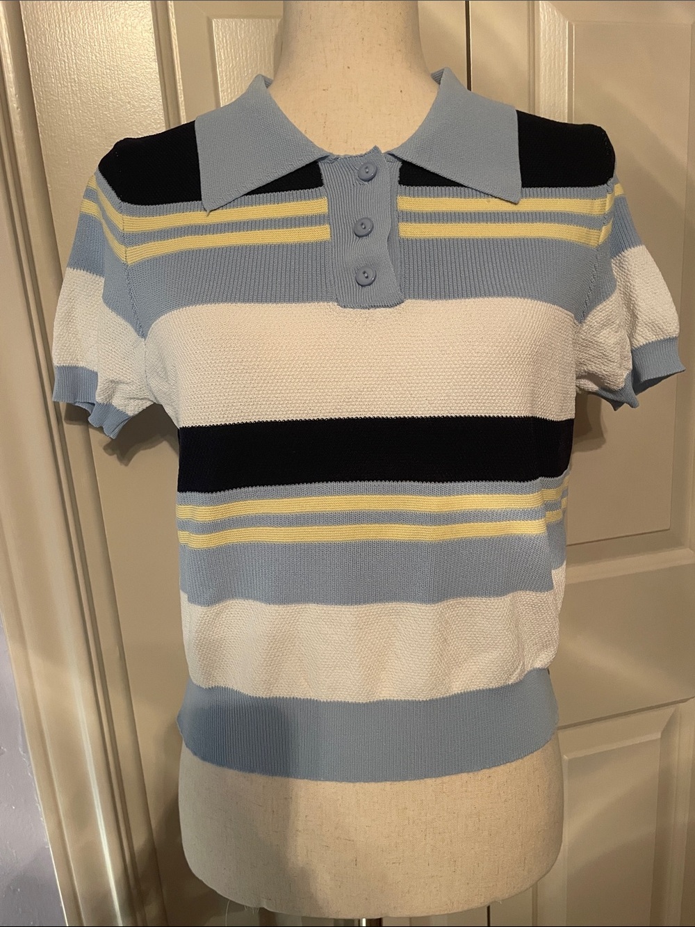 Striped Polo Knit Tee in Light Blue, White & Black